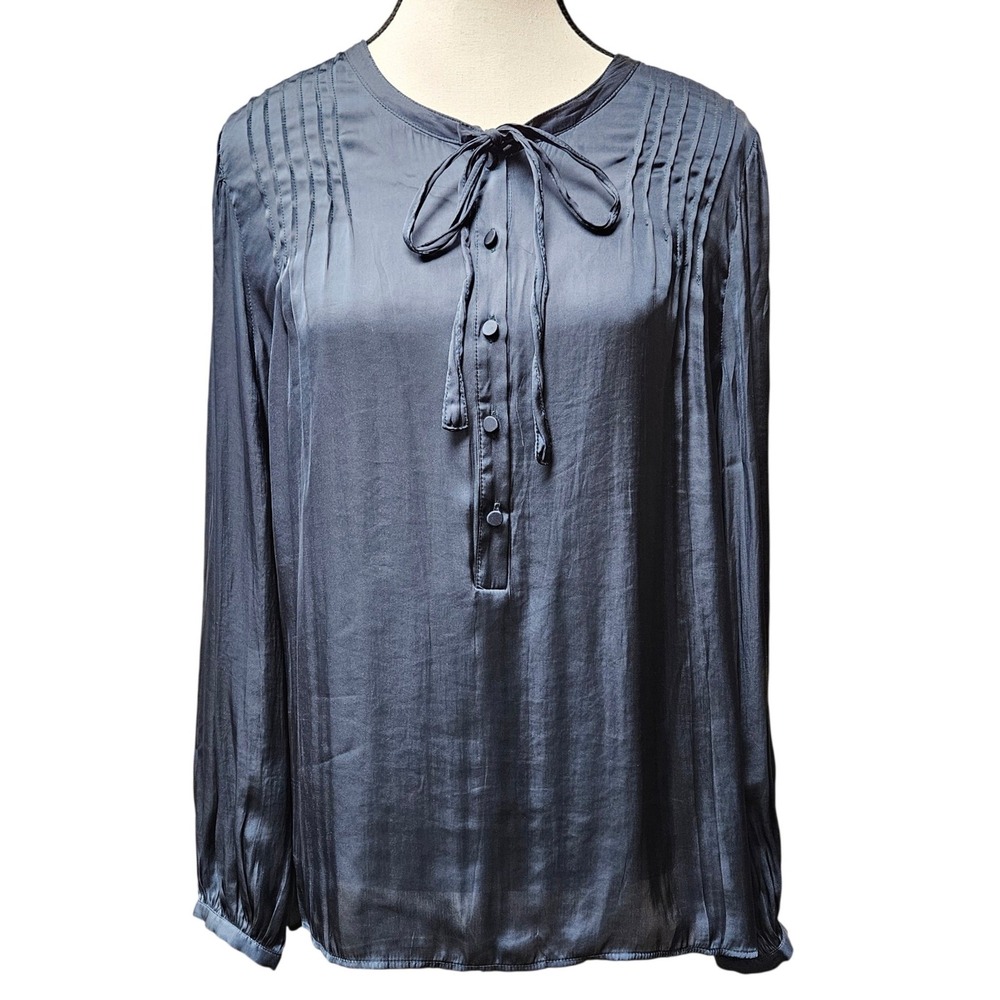 J.Crew Women XL Blue Pintuck Tie Neck Long Sleeve Button Front Blouse Top